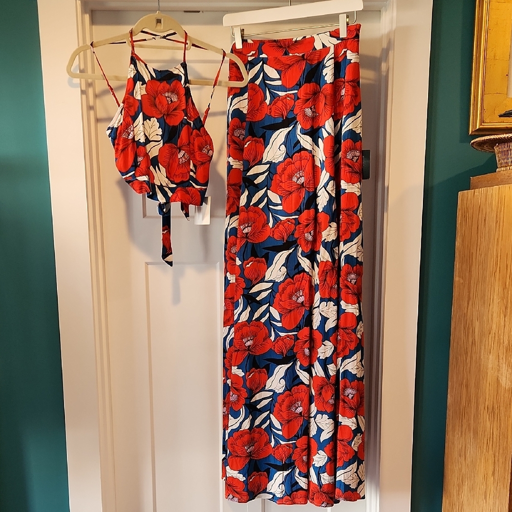 Lulu's Red and Blue Floral Two Piece Dress